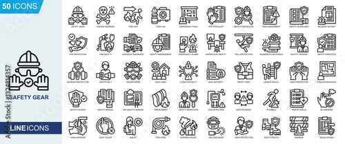 Safety Gear icon collection set. Hazard Warning, Fire Exit, First Aid, Emergency Plan, Safety Inspection, Incident Report icon. Simple line vector
