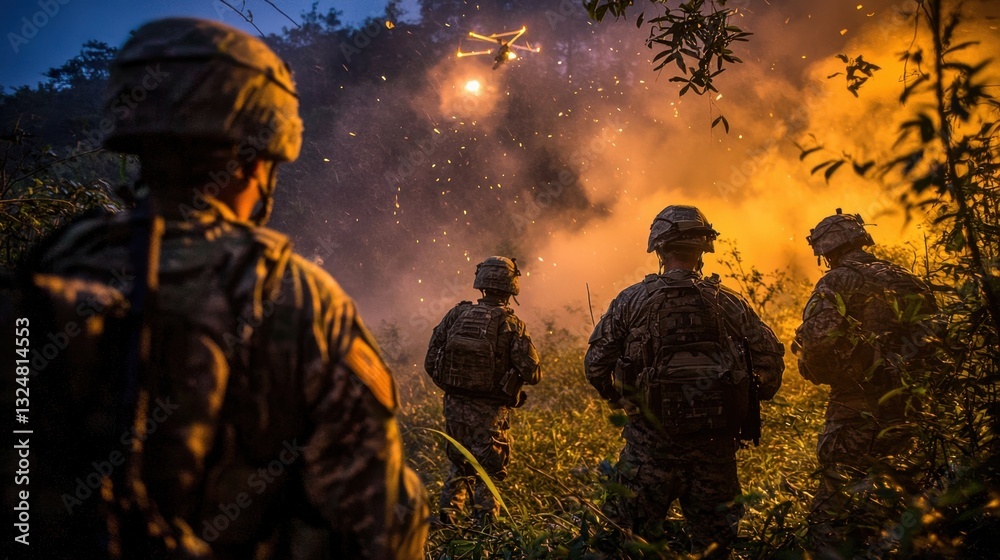 Fototapeta premium Soldiers stand in a grassy area, observing a helicopter flying overhead. Smoke and lights fill the air, highlighting a moment during a nighttime military operation