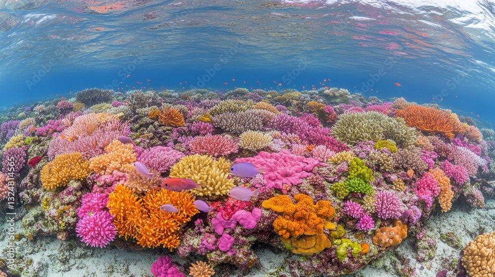 Naklejka premium Vibrant underwater coral reef with colorful marine life and clear blue water