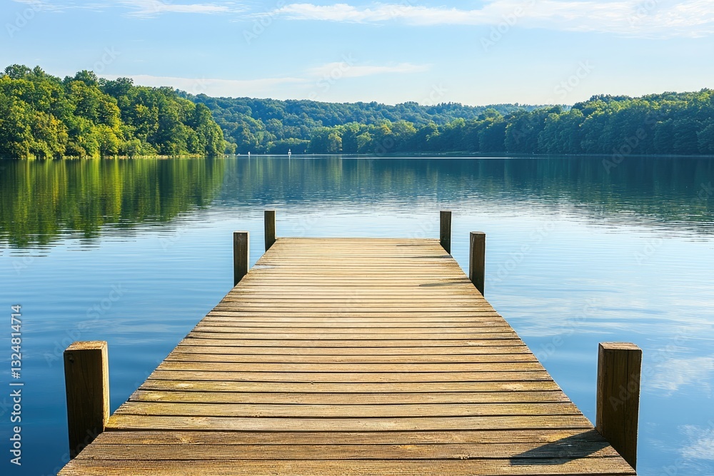 Naklejka premium Tranquil lake dock on a beautiful sunny day. Serene water reflects the surrounding green forest