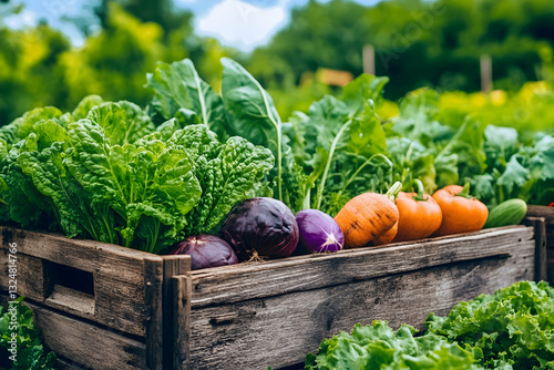 Freshly harvested vegetables in wooden crate