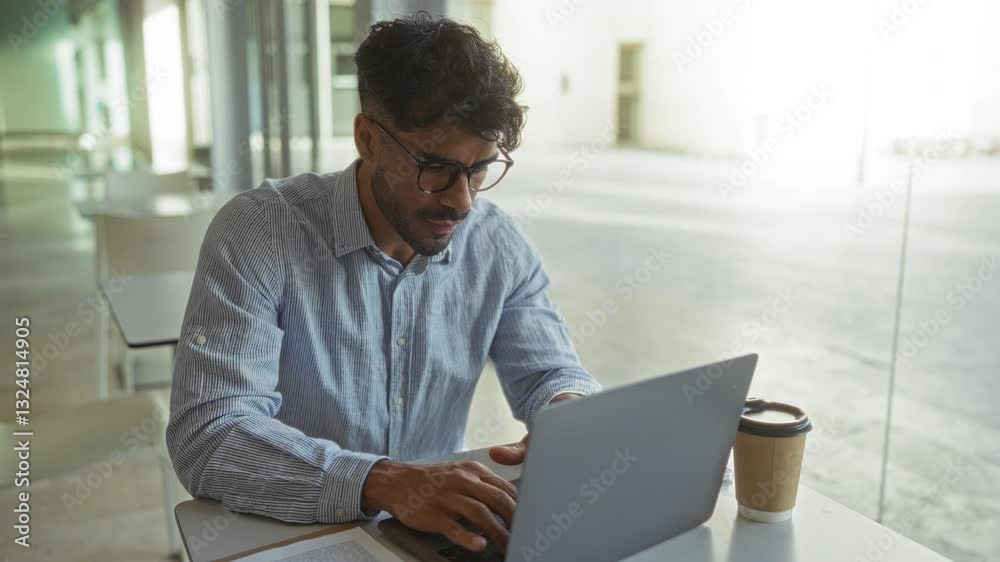 Young man working in modern office with laptop, focusing on task, displaying mild frustration, dressed casually, natural light streaming through large windows, mug on desk Young man working in modern office with laptop, focusing on task, displaying mild frustration, dressed casually, natural light streaming through large windows, mug on desk