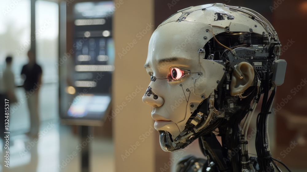 AI. Artificial intelligence. Head robot hanging over podium and look at virtual dashboard. Supercomputer in image futuristic cyborg head. Machine learning technology, neural networks. AI. Artificial intelligence. Head robot hanging over podium and look at virtual dashboard. Supercomputer in image futuristic cyborg head. Machine learning technology, neural networks.