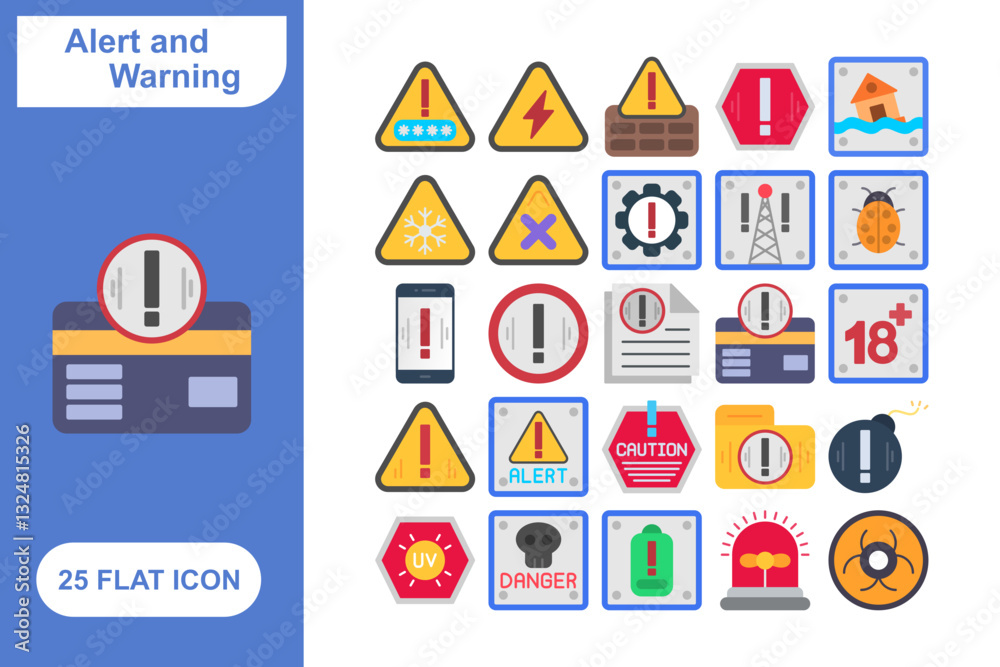 Obraz premium Alert and Warning Notification Flat Icons Set, Collection of 25 Alert and Warning Notification Flat Icons Set - 25 Vector Icons for Warning, Alerts, Messages, Emergency, and System Notifications