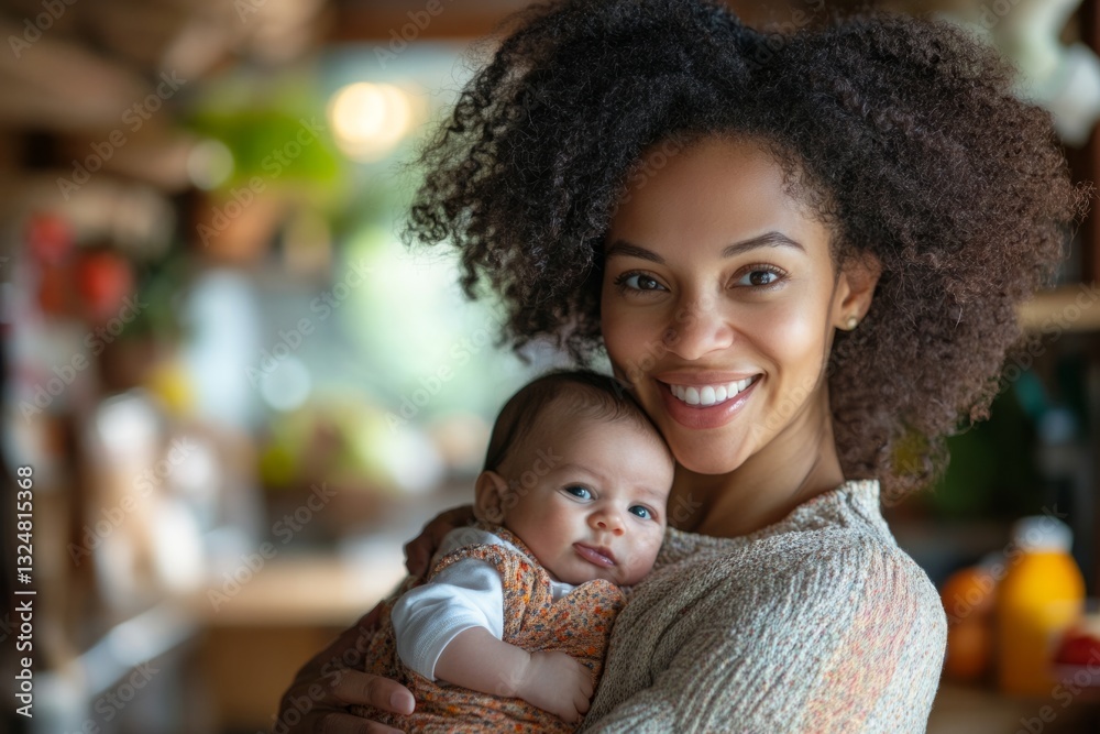 Fototapeta premium Smiling mother holding her newborn baby, enjoying a tender moment of motherhood in the comfort of their home