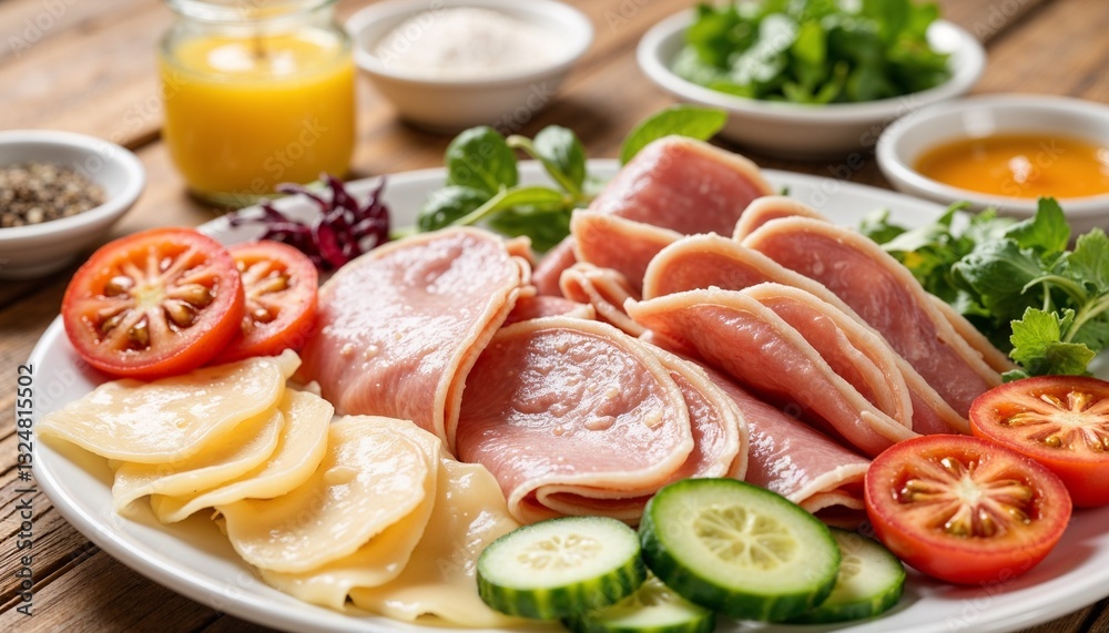 Hotel breakfast with ham, cheese, and fresh vegetables on a platter Hotel breakfast with ham, cheese, and fresh vegetables on a platter