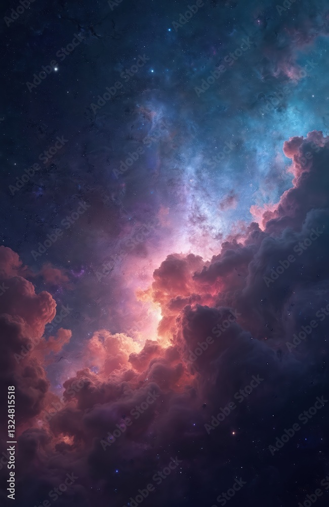 Fototapeta premium Cosmic nebula with pink, blue clouds in deep space. Galaxy stellar explosion, stardust formations for cosmos, universe exploration. Celestial sky background with lights, galactic cloud space