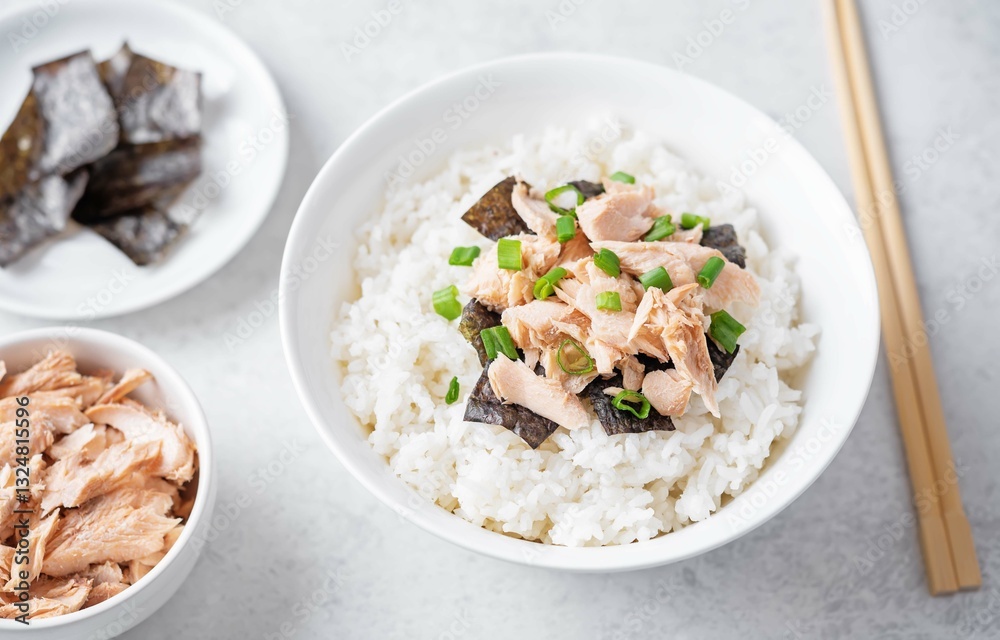 Rice bowl with salmon flakes, nori and scallion Rice bowl with salmon flakes, nori and scallion