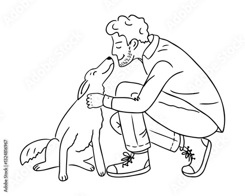 Black and white line drawing of a man kneeling and affectionately petting a dog, symbolizing companionship, friendship, and the bond between humans and pets