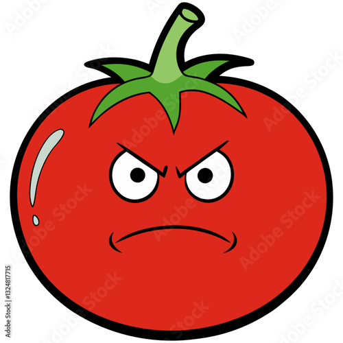 Annoyed sweaty tomato with angry face and furrowed eyebrows.