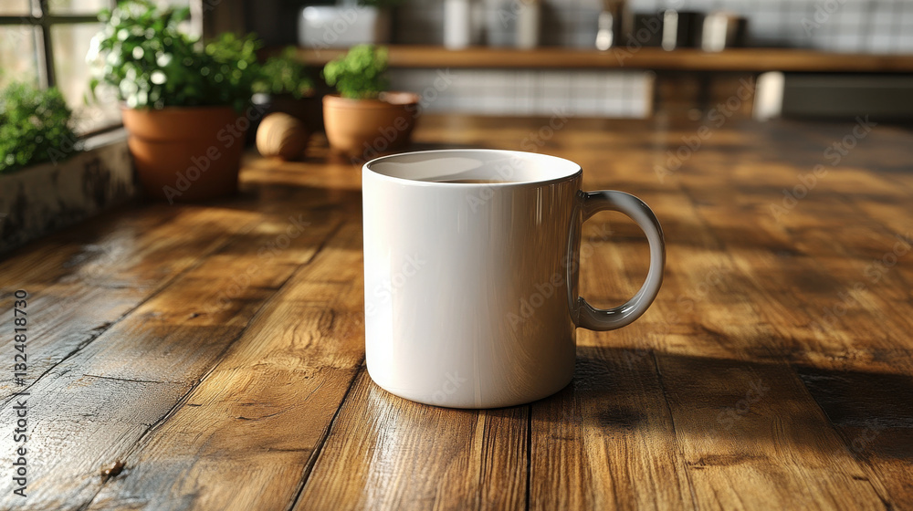 Empty white coffee cup mockup on kitchen table background. Empty white coffee cup mockup on kitchen table background.