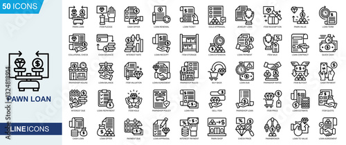 Pawn Loan icon collection set. Item Pledge, Cash Offer, Loan Renewal, Loan Ticket, Gold Appraisal, business icon. Simple line vector