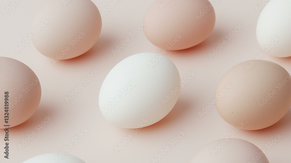 Minimal pattern of white and brown organic eggs on a pink surface, Easter food still life, stylish monochrome shot, copy space Minimal pattern of white and brown organic eggs on a pink surface, Easter food still life, stylish monochrome shot, copy space