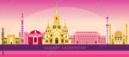 Sunset Skyline panorama of city of Almaty, Kazakhstan - vector illustration