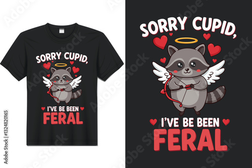 Cute Raccoon on Valentine's Day T-shirt Design: A playful illustration of a raccoon as cupid holding a bow with message "Sorry Cupid I've been Feral" designed on black t-shirt