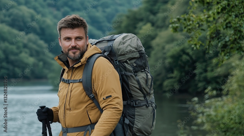 Obraz premium A rugged man stands confidently in the wilderness, carrying backpacks and ready for exploration with a stick in hand