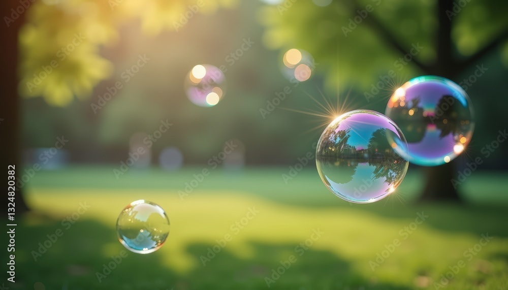 Moving floating in the air soap bubbles with reflections, blurred green sunny park on background. Children's holidays, International Children’s Day, entertainment events. Summer and walks Moving floating in the air soap bubbles with reflections, blurred green sunny park on background. Children's holidays, International Children’s Day, entertainment events. Summer and walks
