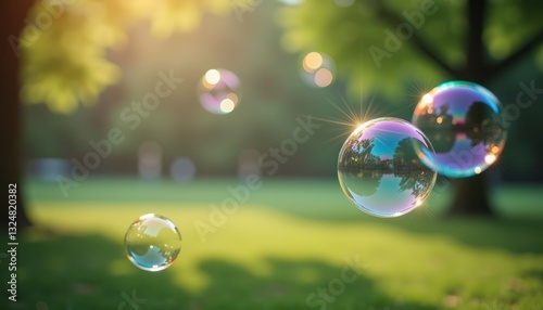 Moving floating in the air soap bubbles with reflections, blurred green sunny park on background. Children's holidays, International Children’s Day, entertainment events. Summer and walks