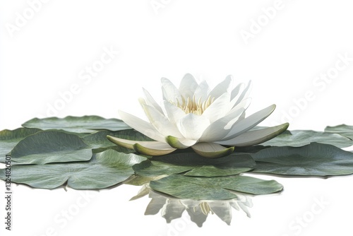 A serene white lotus blooms gracefully on tranquil waters surrounded by soft green lily pads isolated on transparent background