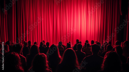 a crowd of people sitting in front red curtain