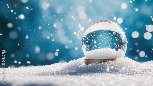 snow globe on a snowy surface, with falling snow and a blue background