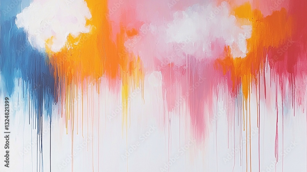 Fototapeta premium Bright abstract painting featuring vibrant colors with cloud shapes and dripping paint effects in an artistic style