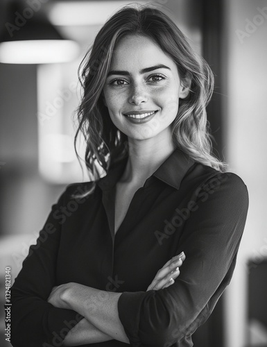 Portrait of a young Caucasian woman with her arms crossed, smiling confidently. Black and white photo.