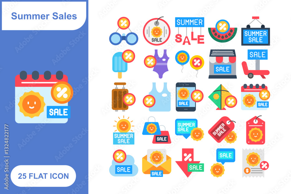 Summer Sales Flat Icons Set, Collection of 25 Summer Sales Flat Icons Set - 25 Vector Icons for Discounts, Promotions, Seasonal Sales, Shopping, and Summer Offers Summer Sales Flat Icons Set, Collection of 25 Summer Sales Flat Icons Set - 25 Vector Icons for Discounts, Promotions, Seasonal Sales, Shopping, and Summer Offers
