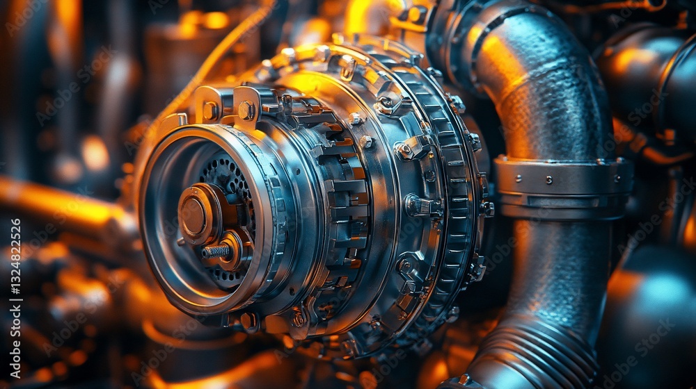 Fototapeta premium Close-up of a complex, metallic engine component with intricate gears and piping, illuminated with warm lighting