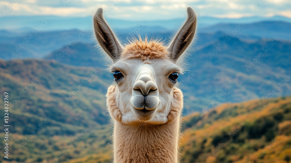 Obraz premium Close-up of a fluffy llama against a mountain backdrop