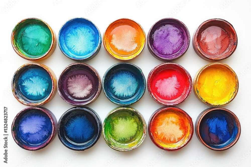 Twelve small bowls, each filled with vibrantly colored resin art, arranged in a grid pattern. Twelve small bowls, each filled with vibrantly colored resin art, arranged in a grid pattern.