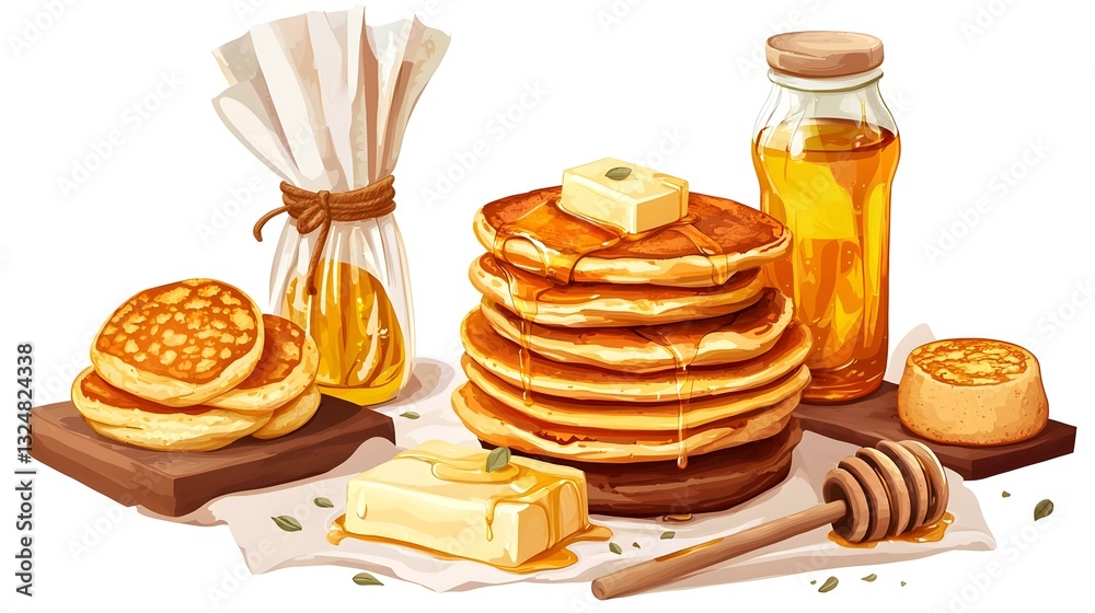 Stack of pancakes with butter and honey on white Stack of pancakes with butter and honey on white