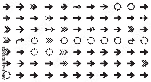 Black and white vector icon set with arrows symbols and web design elements