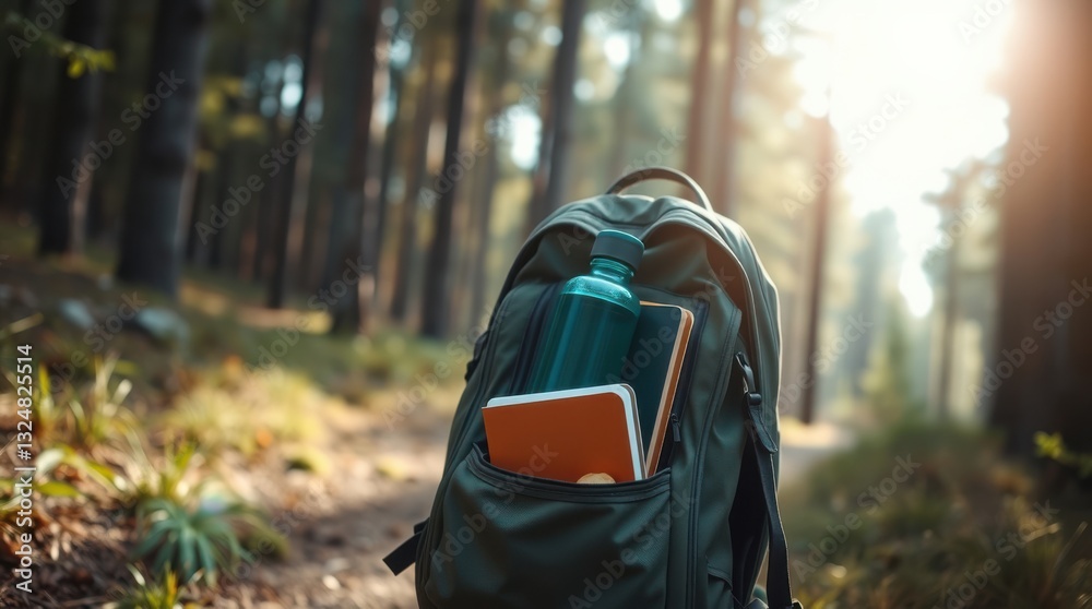 Backpack in forest with water bottle and books, ready for adventure or a relaxing nature walk.