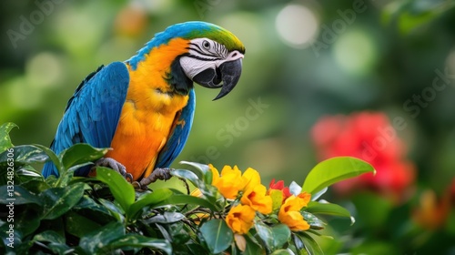 Vibrant blue-and-gold macaw perched on flowering bush.