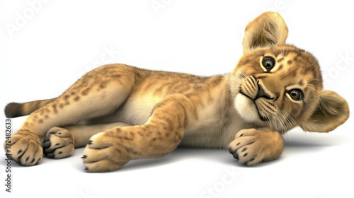 A cute lion cub with open eyes is smiling, he is lying on his back, his paws are raised up, he has a fluffy tail and beautiful ears. realistic picture.