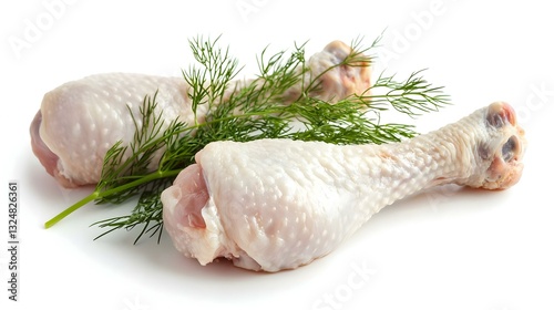 Two raw chicken drumsticks with a sprig of dill
