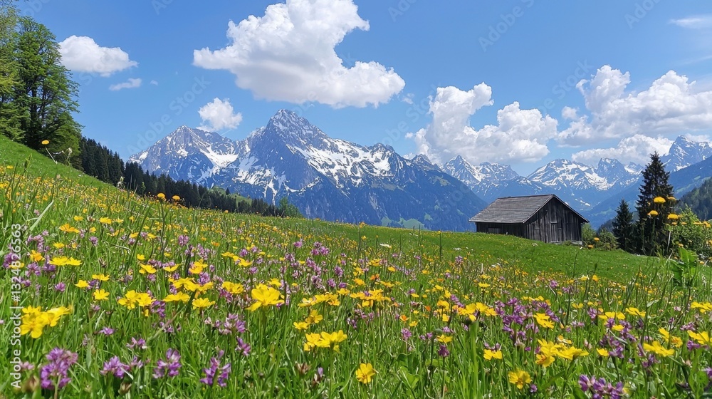 A picturesque view showcases colorful wildflowers blooming in a lush valley. A rustic wooden cabin rests peacefully against a backdrop of majestic mountains under a bright blue sky A picturesque view showcases colorful wildflowers blooming in a lush valley. A rustic wooden cabin rests peacefully against a backdrop of majestic mountains under a bright blue sky