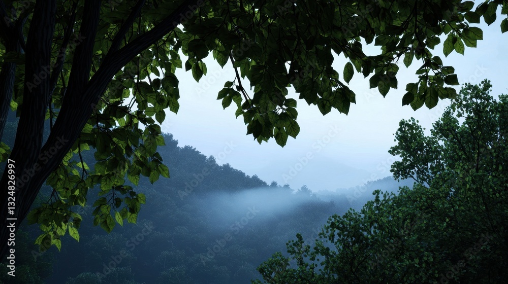 Obraz premium Soft fog blankets the mountain landscape during early morning, creating a serene atmosphere. Lush green leaves frame the view, enhancing the tranquil scenery of nature