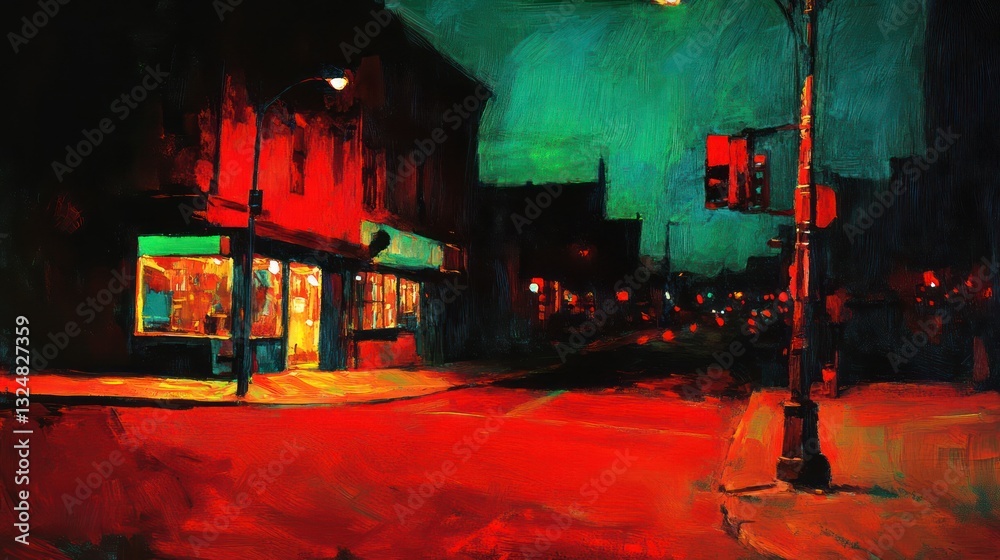 A brightly colored street scene depicting a night time setting