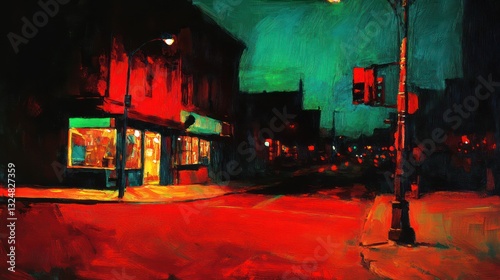 A brightly colored street scene depicting a night time setting