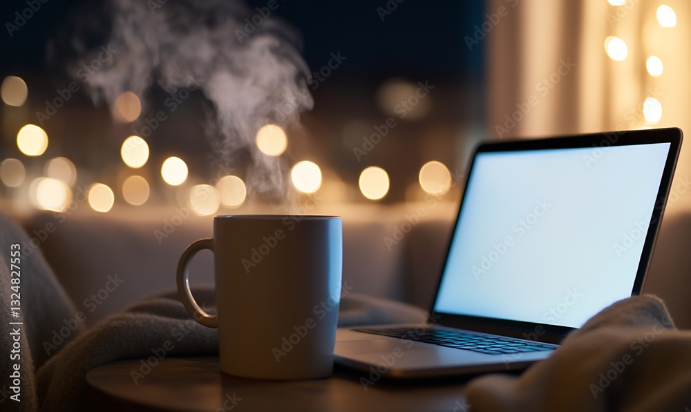 Fototapeta premium Cozy Home Workspace with Laptop and Hot Drink