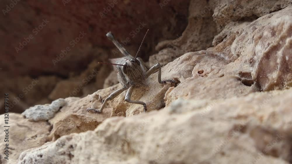 Portrait rapproché d'un criquet égyptien (Anacridium aegyptium) avec ses grands yeux composés.