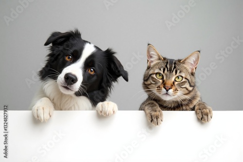 Adorable border collie dog and tabby cat peeking over a white surface with curious expressions, animal friendship concept