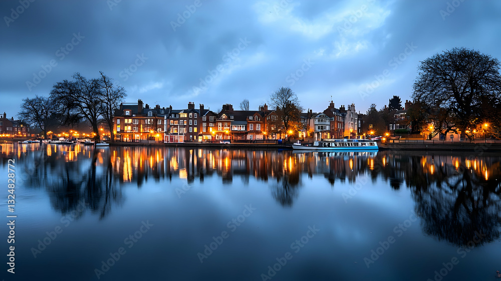 Fototapeta premium Cityscape At Night With River Reflection Of Illuminated Buildings And Trees Under Cloudy Blue Sky Panorama View