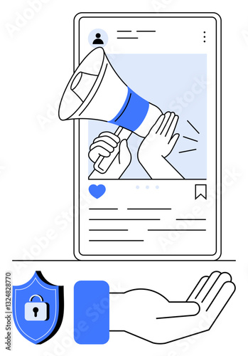 Megaphone amplifying message on smartphone screen, shield icon for security, open hand for support. Ideal for online safety, social media, communication, support, awareness, advocacy cybersecurity
