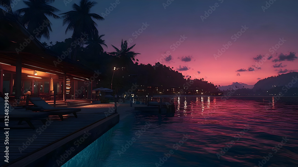 Fototapeta premium Twilight Sunset View Over Tropical Ocean Beachfront Property With Wooden Dock And Ambient Lighting