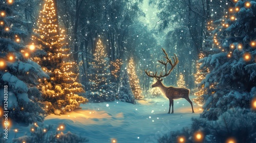Fototapeta Naklejka Na Ścianę i Meble -  Magical Christmas scene with a reindeer in a snowy forest illuminated by Christmas lights on the trees, evoking a sense of wonder and enchantment.