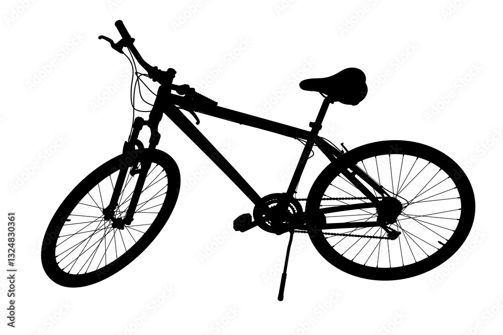 Fototapeta premium Black silhouette of bicycle standing while leaning on kickstand, top view. Bike resting on kick stand isolated on white background, 3D illustration