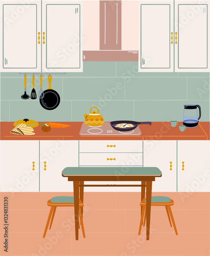 Modern kitchen interior. Kitchen furniture, stove, kitchen utensils, dining table.